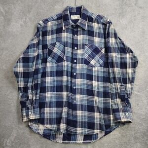 Cascade Vtg Flannel Shirt 1970's Mens Medium Blue Plaid Cotton‎ Blend Button Up